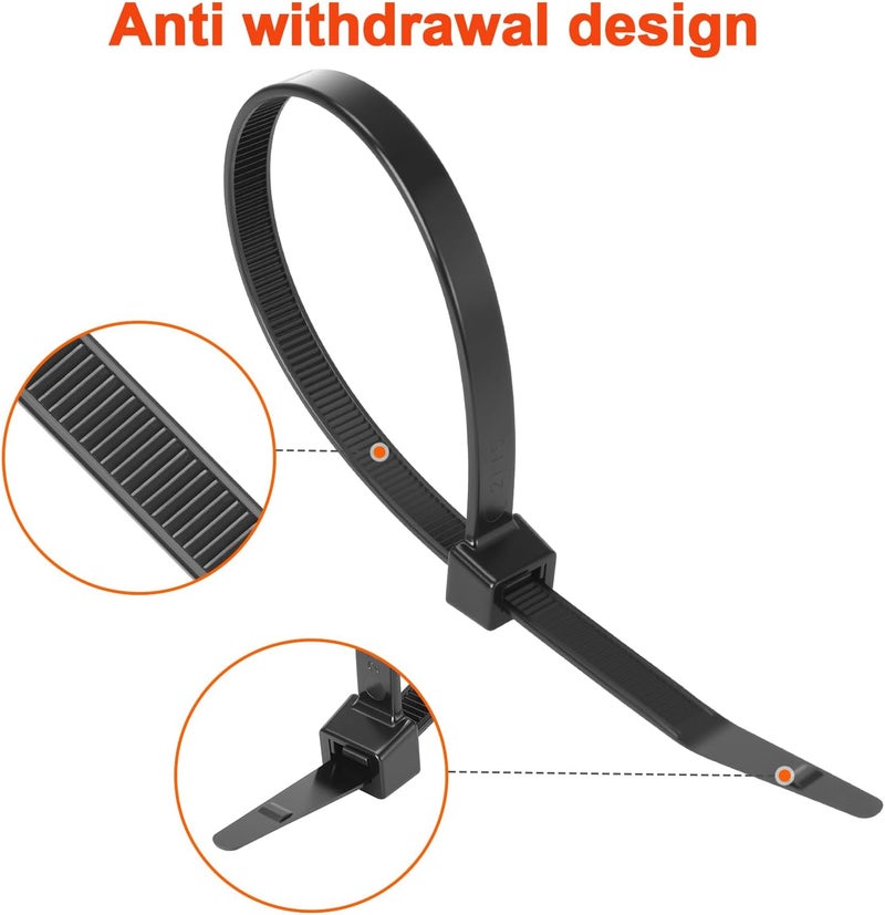 Rythcraft Zip Ties Heavy Duty 12 inch 200 LBS Tensile Strength Cable Ties ，Extra Large Wire Ties Adjustable Nylon Tie Wraps for Indoor Outdoor Patented Design（100 Pack Black） - Image 2